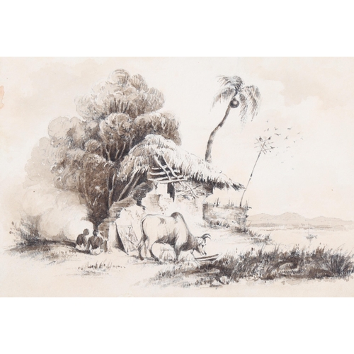 691 - Circle of Charles D'Oyly, 19th century watercolour, study of an Indian village, 13cm x 19cm, mounted