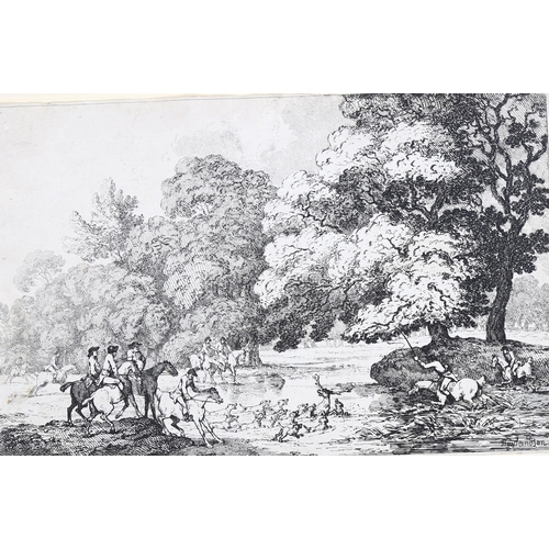 699 - Thomas Rowlandson, engraving, deer hunting, signed and dated in the plate 1787, 20cm x 30cm, mounted