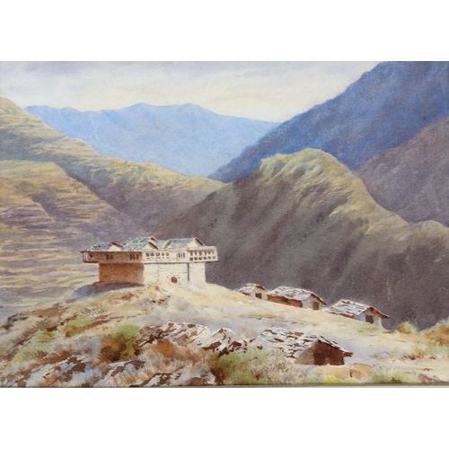 701 - 19th century British School, watercolour study of a Raja's house in a mountainous landscape India, a... 