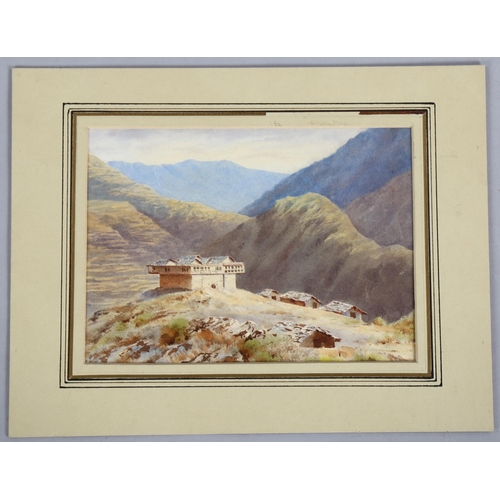 701 - 19th century British School, watercolour study of a Raja's house in a mountainous landscape India, a... 