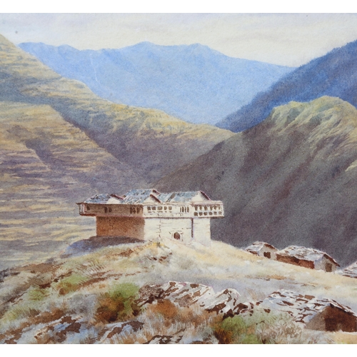 701 - 19th century British School, watercolour study of a Raja's house in a mountainous landscape India, a... 