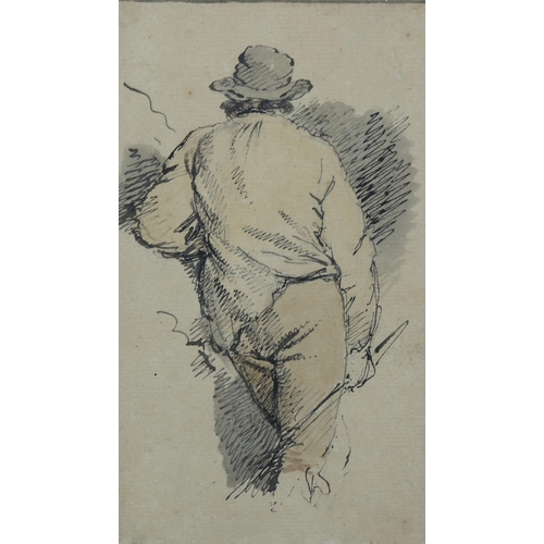 706 - Attributed to Thomas Rowlandson, pen and ink sketch, a country figure, unsigned, 17cm x 10cm, framed