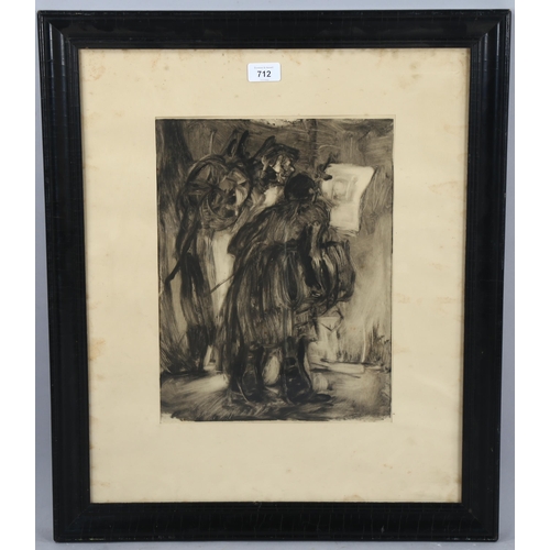 712 - Circle of Honore Daumier, monoprint, 2 figures reading, circa 1860s, 37cm x 28cm, framed