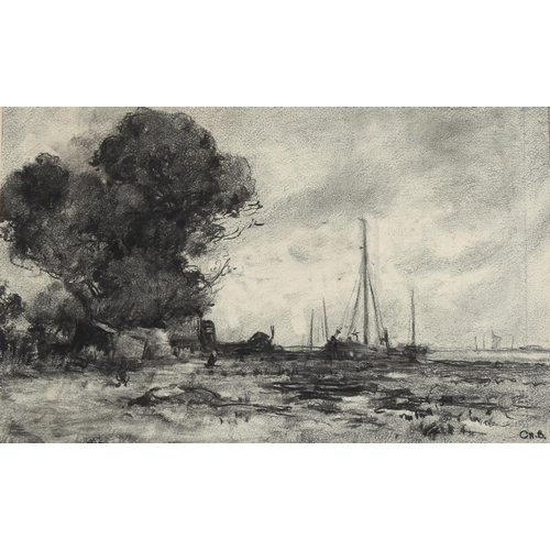 715 - C H Baskett, charcoal drawing, coastal scene, signed with monogram, 32cm x 51cm, mounted