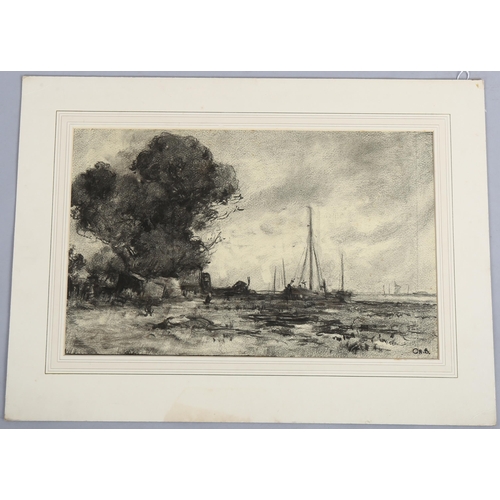 715 - C H Baskett, charcoal drawing, coastal scene, signed with monogram, 32cm x 51cm, mounted