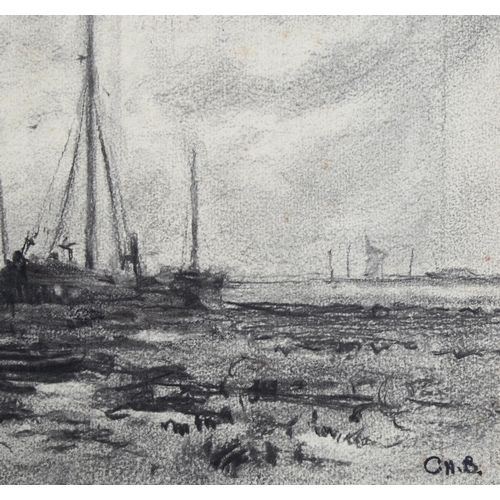 715 - C H Baskett, charcoal drawing, coastal scene, signed with monogram, 32cm x 51cm, mounted