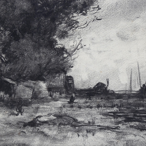 715 - C H Baskett, charcoal drawing, coastal scene, signed with monogram, 32cm x 51cm, mounted