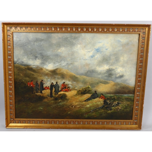 734 - Marie Bedel, 19th century oil on canvas, Highland riflemen at the firing range, signed, 60cm x 80cm,... 