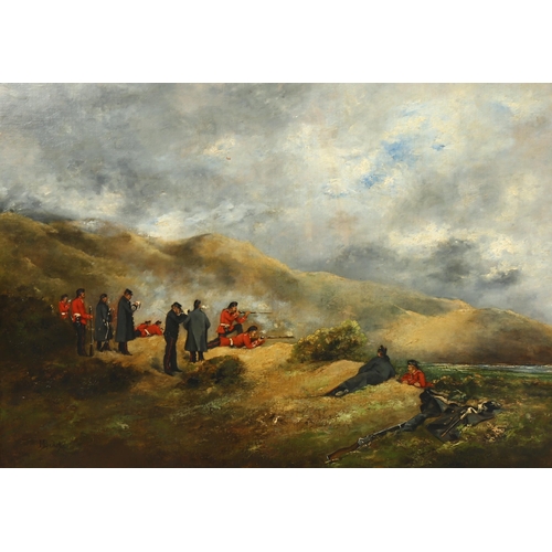 734 - Marie Bedel, 19th century oil on canvas, Highland riflemen at the firing range, signed, 60cm x 80cm,... 