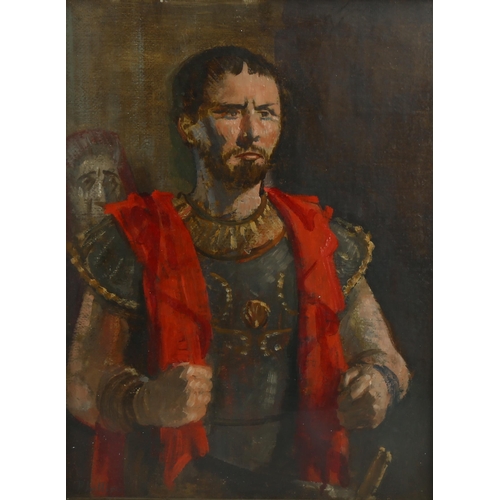 739 - Patrick Phillips, oil on board, portrait of Anthony Quayle as Coriolanus, signed and inscribed verso... 