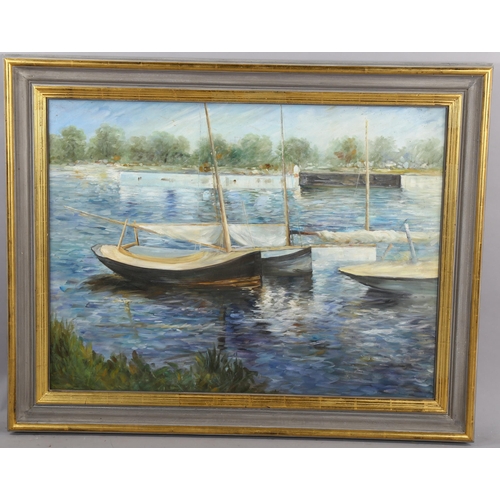 742 - Contemporary oil on canvas, moored boats, unsigned, 62cm x 83cm, framed