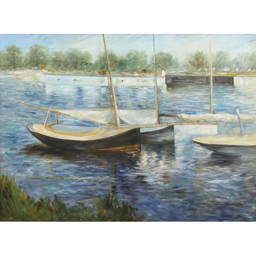 742 - Contemporary oil on canvas, moored boats, unsigned, 62cm x 83cm, framed