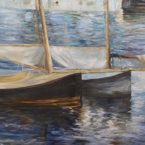 742 - Contemporary oil on canvas, moored boats, unsigned, 62cm x 83cm, framed