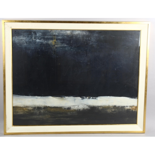 743 - Large contemporary oil on board, dark abstract composition, unsigned, 82cm x 107cm, framed