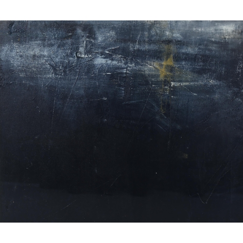 743 - Large contemporary oil on board, dark abstract composition, unsigned, 82cm x 107cm, framed