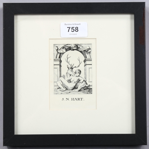 758 - Stephen Gooden (1892-1955), engraving on laid paper, Bookplate for J.N.Hart, 9.5cm x 6cm, mounted, g... 