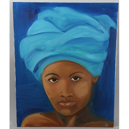 773 - Contemporary oil on canvas, portrait of a woman, signed with monogram, 76cm x 60cm, unframed