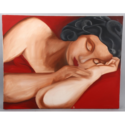 774 - Contemporary oil on canvas, sleeping woman, signed with monogram, 80cm x 100cm, unframed