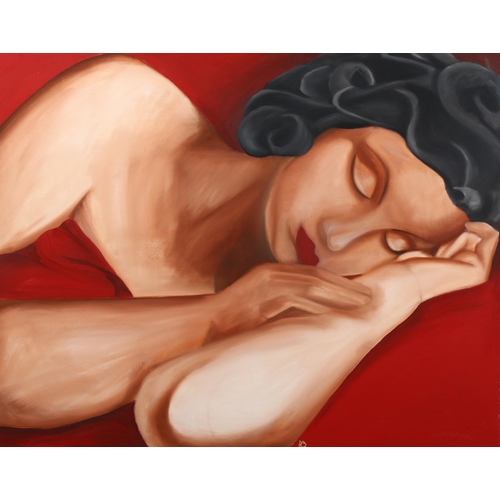 774 - Contemporary oil on canvas, sleeping woman, signed with monogram, 80cm x 100cm, unframed