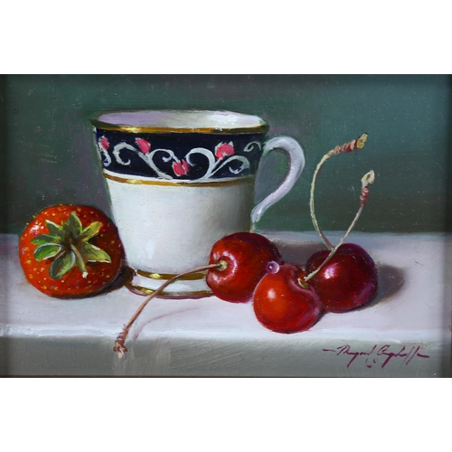 777 - Raymond Campbell, oil on board, cherries and china cup, signed, 12cm x 16cm, framed