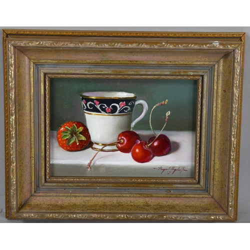 777 - Raymond Campbell, oil on board, cherries and china cup, signed, 12cm x 16cm, framed