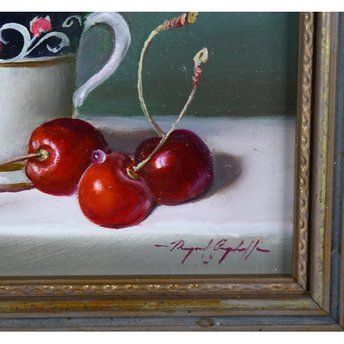 777 - Raymond Campbell, oil on board, cherries and china cup, signed, 12cm x 16cm, framed