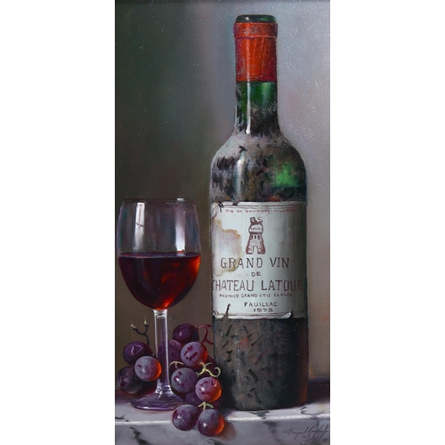 779 - Raymond Campbell, oil on board, Chateau Latour 1978, signed, 37cm x 19cm, framed