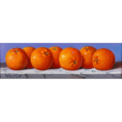 780 - Raymond Campbell, oil on board, oranges, signed, 12cm x 37cm, framed