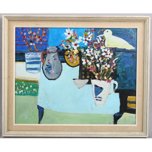 783 - Contemporary acrylic on board, still life with bird, unsigned, 39cm x 50cm, framed