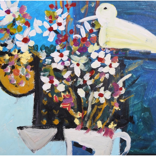 783 - Contemporary acrylic on board, still life with bird, unsigned, 39cm x 50cm, framed