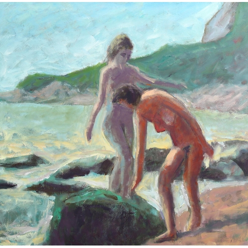 788 - Robin Holtom (born 1944), oil on canvas, bathers, 60cm x 60cm, framed