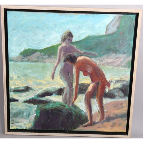 788 - Robin Holtom (born 1944), oil on canvas, bathers, 60cm x 60cm, framed