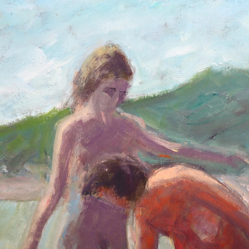 788 - Robin Holtom (born 1944), oil on canvas, bathers, 60cm x 60cm, framed