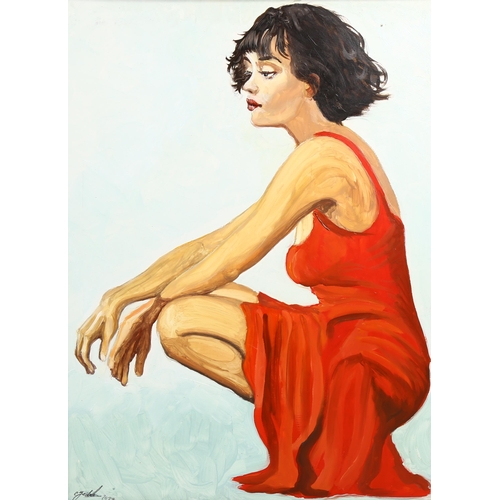 790 - Clive Fredriksson, oil on board, girl in a red dress, 52cm x 38cm, framed