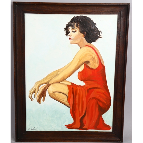 790 - Clive Fredriksson, oil on board, girl in a red dress, 52cm x 38cm, framed