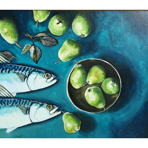 791 - Clive Fredriksson, oil on board, mackerel and pears, 44cm x 51cm, framed