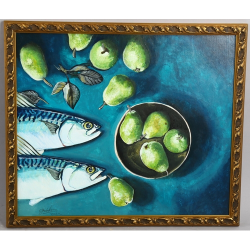 791 - Clive Fredriksson, oil on board, mackerel and pears, 44cm x 51cm, framed