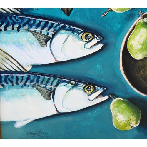 791 - Clive Fredriksson, oil on board, mackerel and pears, 44cm x 51cm, framed