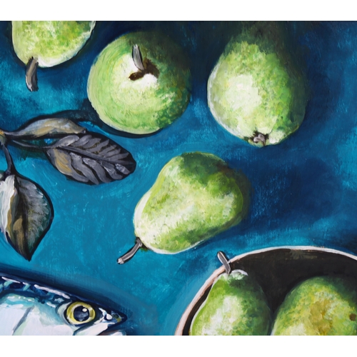 791 - Clive Fredriksson, oil on board, mackerel and pears, 44cm x 51cm, framed