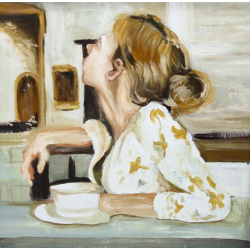 792 - Clive Fredriksson, oil on board, teatime girl, 45cm x 45cm, framed