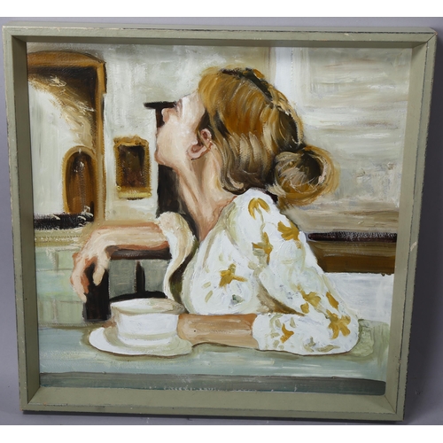 792 - Clive Fredriksson, oil on board, teatime girl, 45cm x 45cm, framed