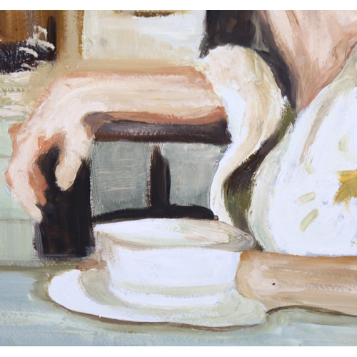 792 - Clive Fredriksson, oil on board, teatime girl, 45cm x 45cm, framed