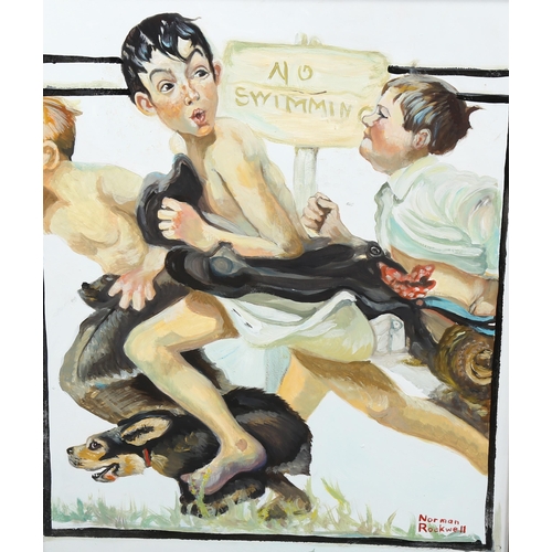 794 - Clive Fredriksson after Norman Rockwell, oil on board, no swimming, 59cm x 50cm, framed