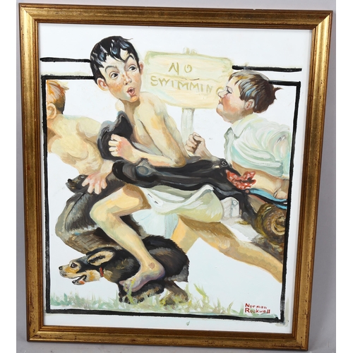 794 - Clive Fredriksson after Norman Rockwell, oil on board, no swimming, 59cm x 50cm, framed