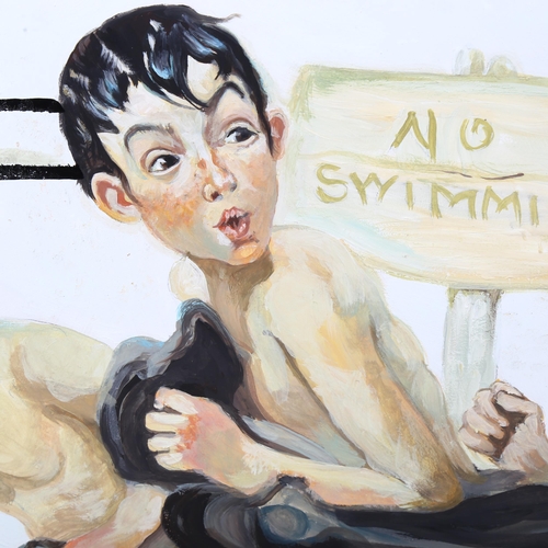 794 - Clive Fredriksson after Norman Rockwell, oil on board, no swimming, 59cm x 50cm, framed