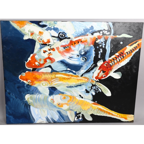 796 - Clive Fredriksson, oil on canvas, Koi carp, 70cm x 90cm, unframed