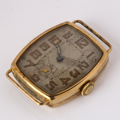 1034 - An Art Deco 9ct gold mechanical wristwatch head, silvered dial with Arabic numerals, blued steel han... 