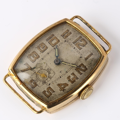 1034 - An Art Deco 9ct gold mechanical wristwatch head, silvered dial with Arabic numerals, blued steel han... 