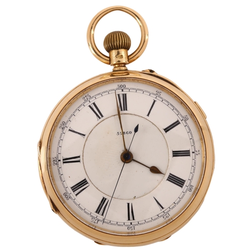 1062 - A late 19th century 18ct gold open-face keyless chronograph pocket watch, white enamel dial with Rom... 