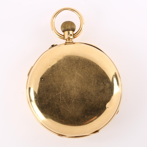 1062 - A late 19th century 18ct gold open-face keyless chronograph pocket watch, white enamel dial with Rom... 